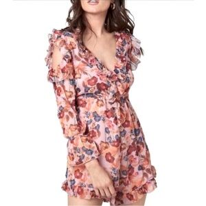 Pink Floral Cold Shoulder Butterfly Ruffle Open Back Romper by Aqua